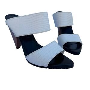 Alice + Olivia Women's White Black Open Toe Wood Cone Heel Strappy Sandals 39